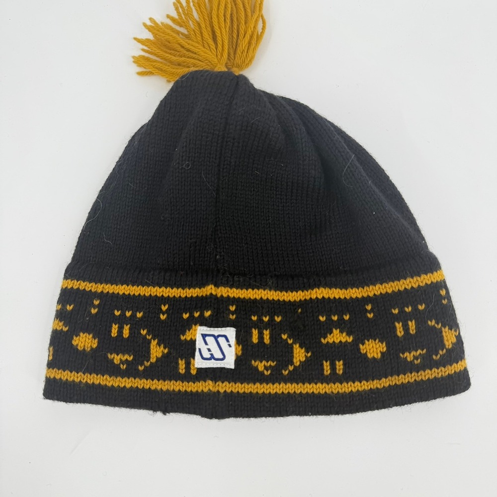 Murray Merkley Beanie Hat Tassel Pom Pom Vintage Unisex OS Black Yellow Wool
